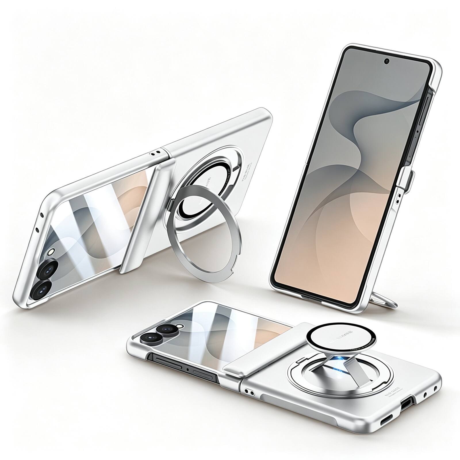 Alt View 2. Dteck - Rugged Case for Samsung Galaxy Z Flip8 with Built-in Screen Protector,360 Rotating Stand & Magnetic Rebound Strap - Silver.