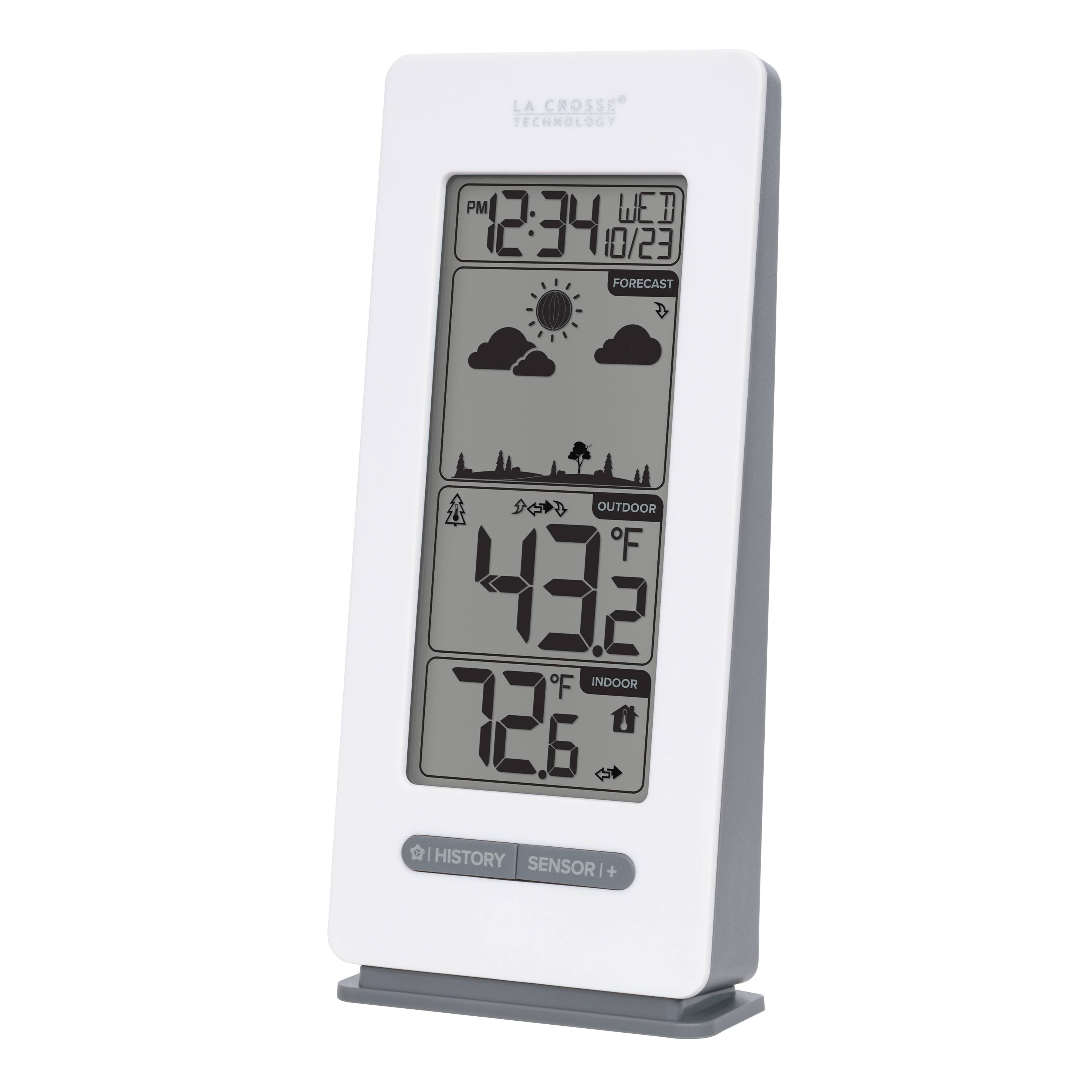 LA CROSSE TECHNOLOGY  
PM 12:34 10/23 FORECAST  
OUTDOOR 43.2°F INDOOR 72.6°F  
HISTORY SENSOR