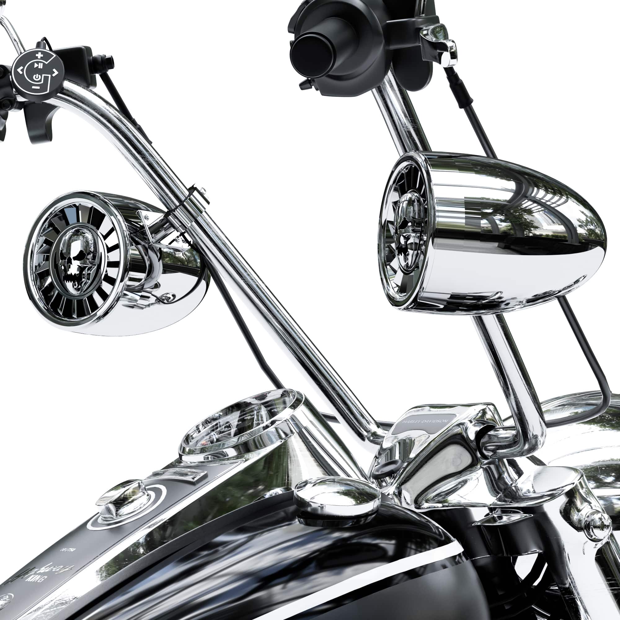 GoHawk - Bluetooth Motorcycle Speakers, 5" Waterproof Stereo Audio System w/ Built-in Amplifier, USB Music for Harley Ape-Hanger - Chrome