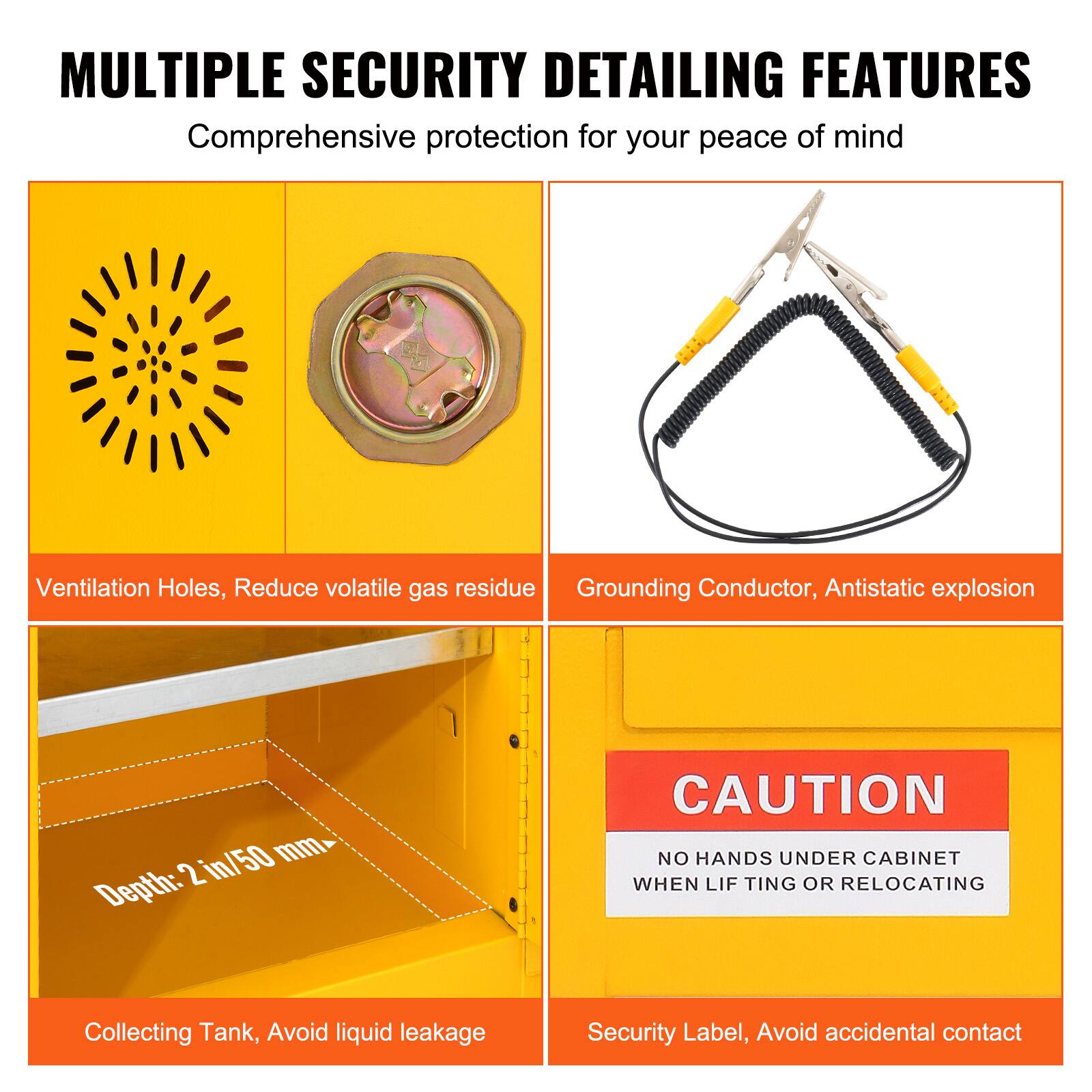 MULTIPLE SECURITY DETAILING FEATURES  
Comprehensive protection for your peace of mind  

- Ventilation Holes, Reduce volatile gas residue  
- Grounding Conductor, Antistatic explosion  
- Depth: 2 in/50 mm  
- Collecting Tank, Avoid liquid leakage  
- Security Label, Avoid accidental contact  

CAUTION  
NO HANDS UNDER CABINET WHEN LIFTING OR RELOCATING