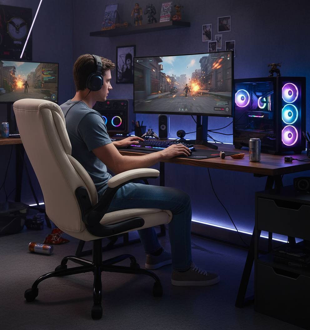 Angle. AOITUN - Ergonomic Computer Gaming Chair High Back for Daily Use with Gel Memory Foam Comfort and Durability - White.