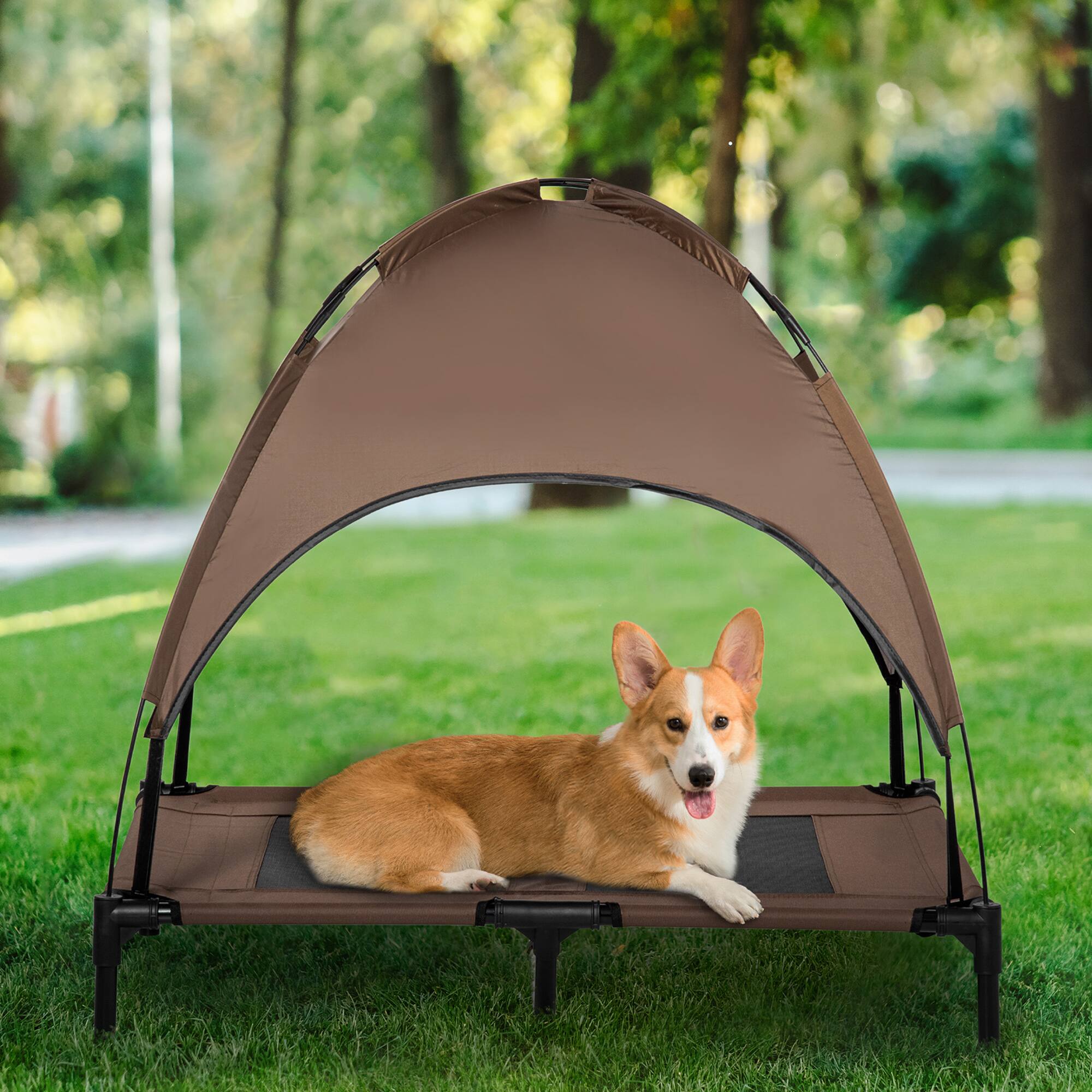 Angle. Pawhut - Elevated Dog Bed with Canopy, Dog Cot with UV Protection Canopy Shade, 36" Large Pet Bed for Camping - Coffee.