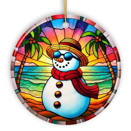 Front. OrnamentallyYou - Tropical Holiday Sunset Snowman Ornament Vibrant Beach Christmas Keepsake - Multi-colored.