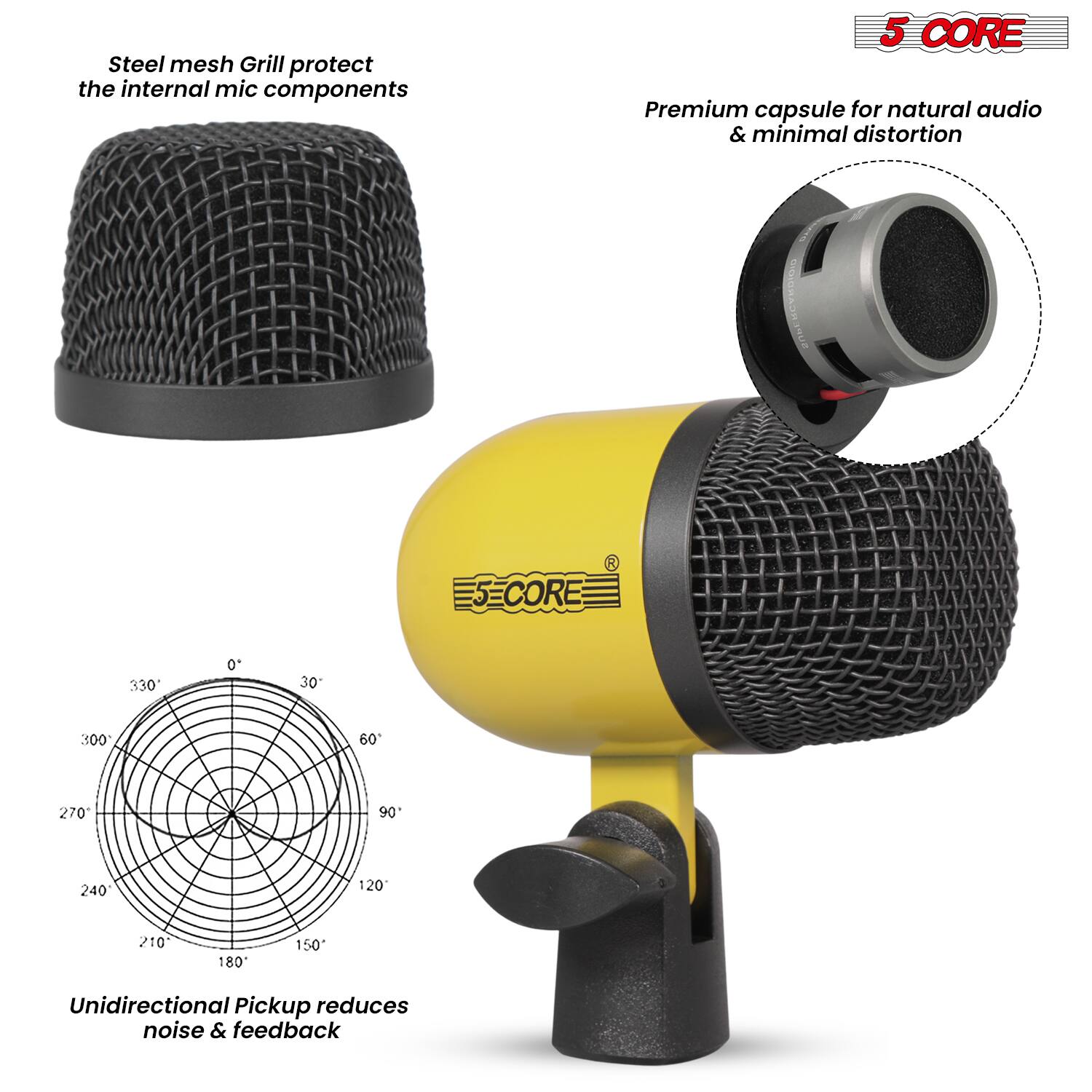 - Steel mesh Grill protect the internal mic components
- Premium capsule for natural audio & minimal distortion
- Unidirectional Pickup reduces noise & feedback
