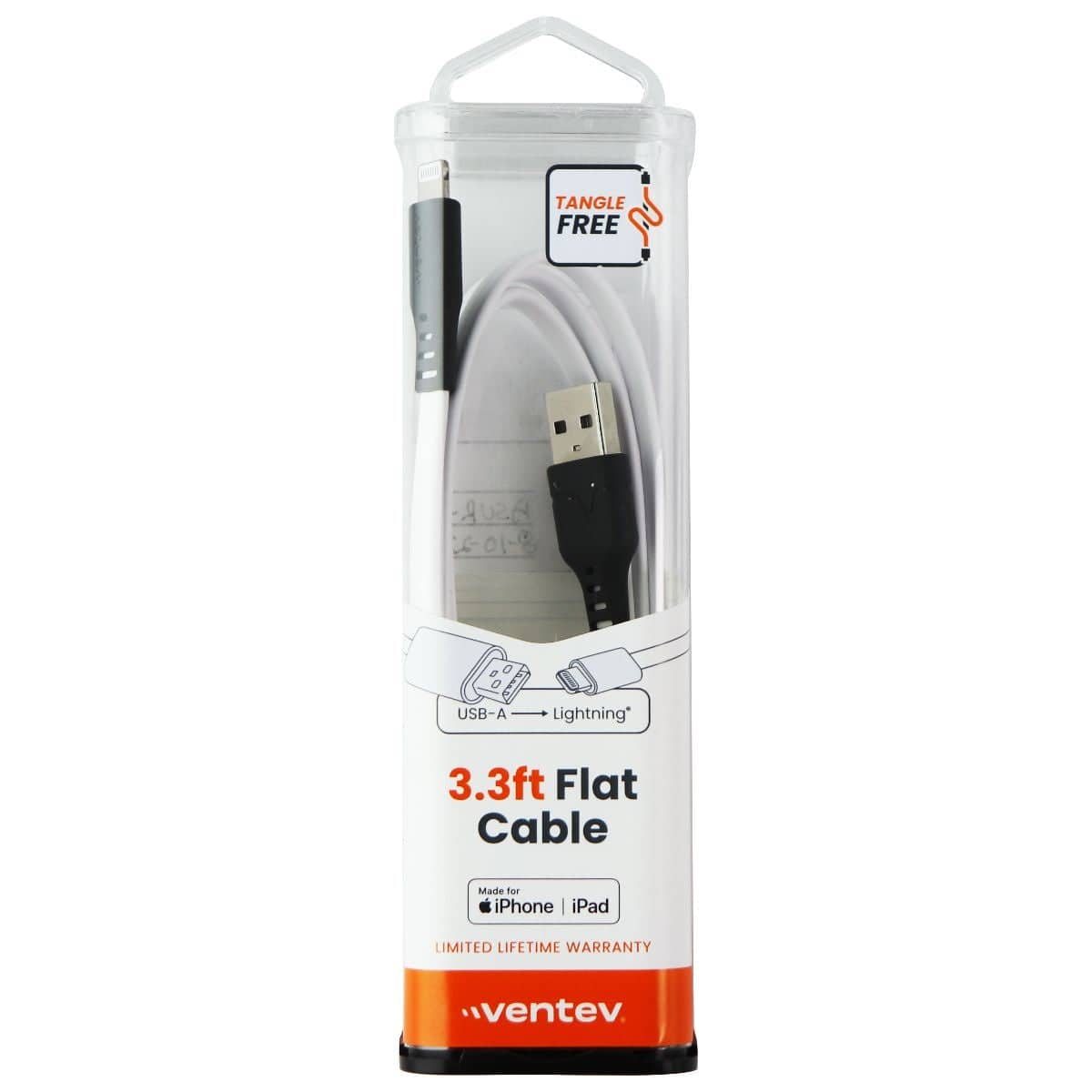 Ventev - (3.3-Ft) Flat Lightning to USB-A Charge/Sync MFi Cable - Blk/ - White