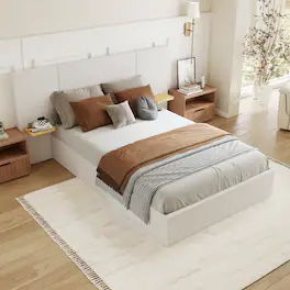 Brick Attic - Upholstered Bed with Oversized Headboard & Side Shelves,Solid Wood Frame,Left & Right Storage for Phone and Books - White