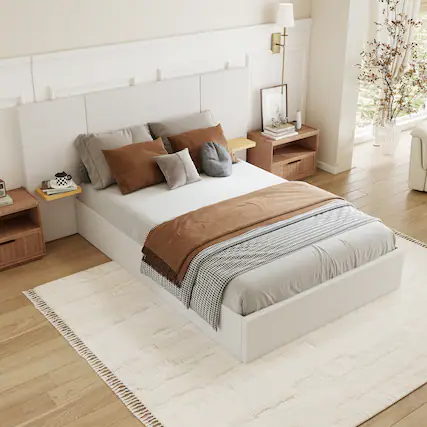 Front. Brick Attic - Upholstered Bed with Oversized Headboard & Side Shelves,Solid Wood Frame,Left & Right Storage for Phone and Books - White.