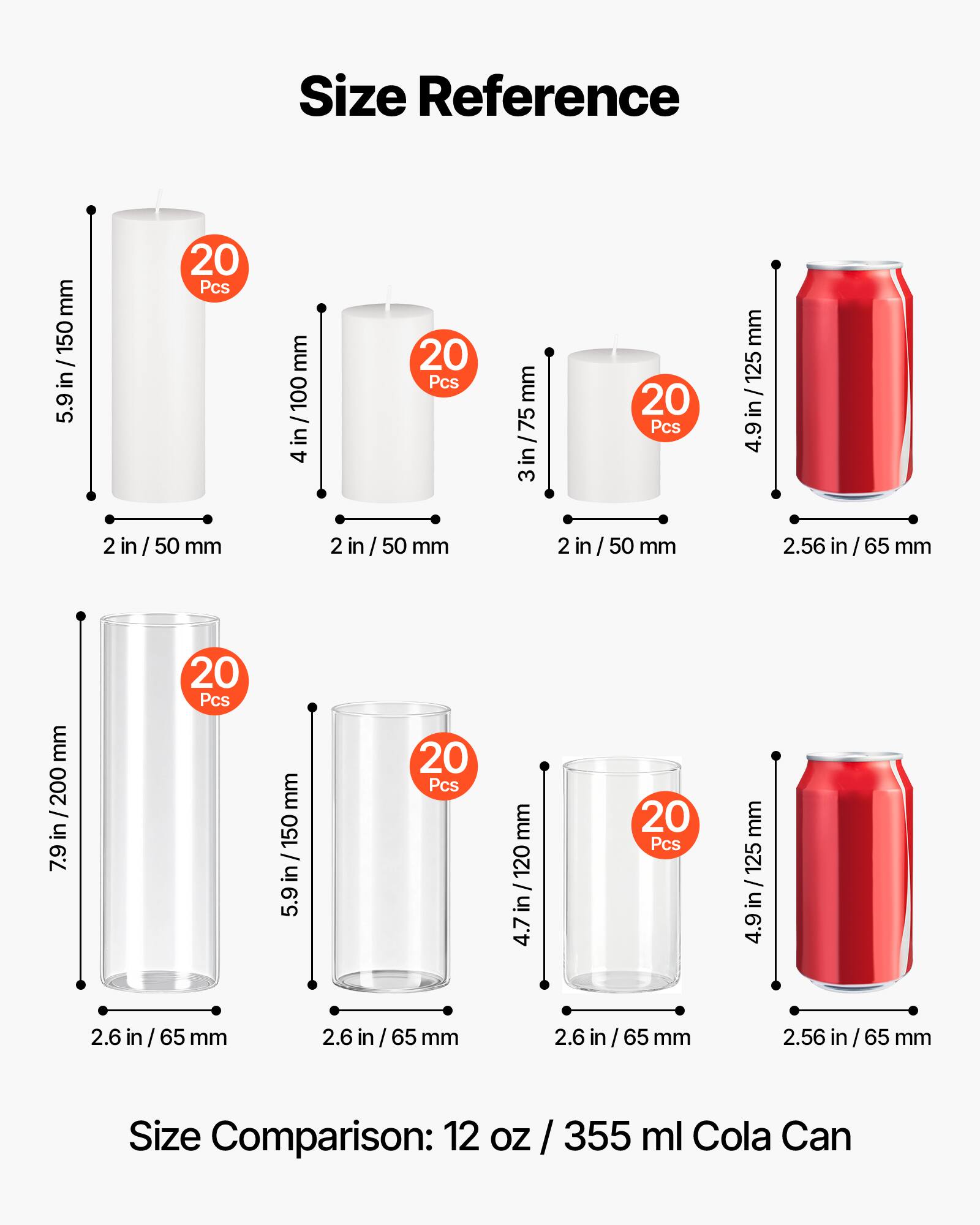 Size Reference

- 5.9 in / 150 mm
- 4 in / 100 mm
- 3 in / 75 mm
- 4.9 in / 125 mm
- 2 in / 50 mm
- 7.9 in / 200 mm
- 4.7 in / 120 mm
- 4.9 in / 125 mm

Size Comparison: 12 oz / 355 ml Cola Can