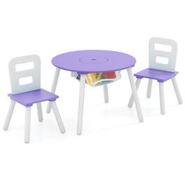 Costway - Kids Wooden Round Table & 2 Chair Set w/ Center Mesh Storage - Purple