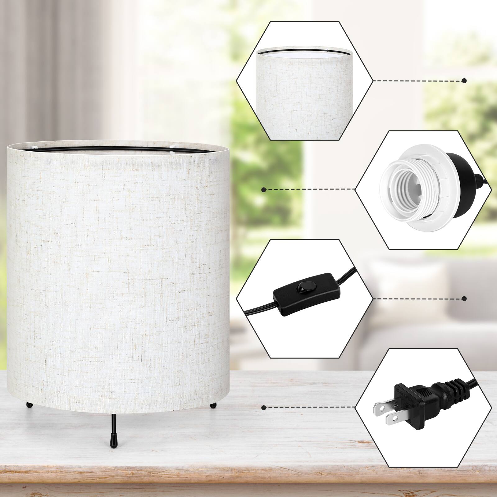 Angle. Oumilen - Set of 2 Cylinder Fabric Table Lamps, 9.05in Tall, E26 Socket, Bedside Desk Lamps, Bulbs Not Included.