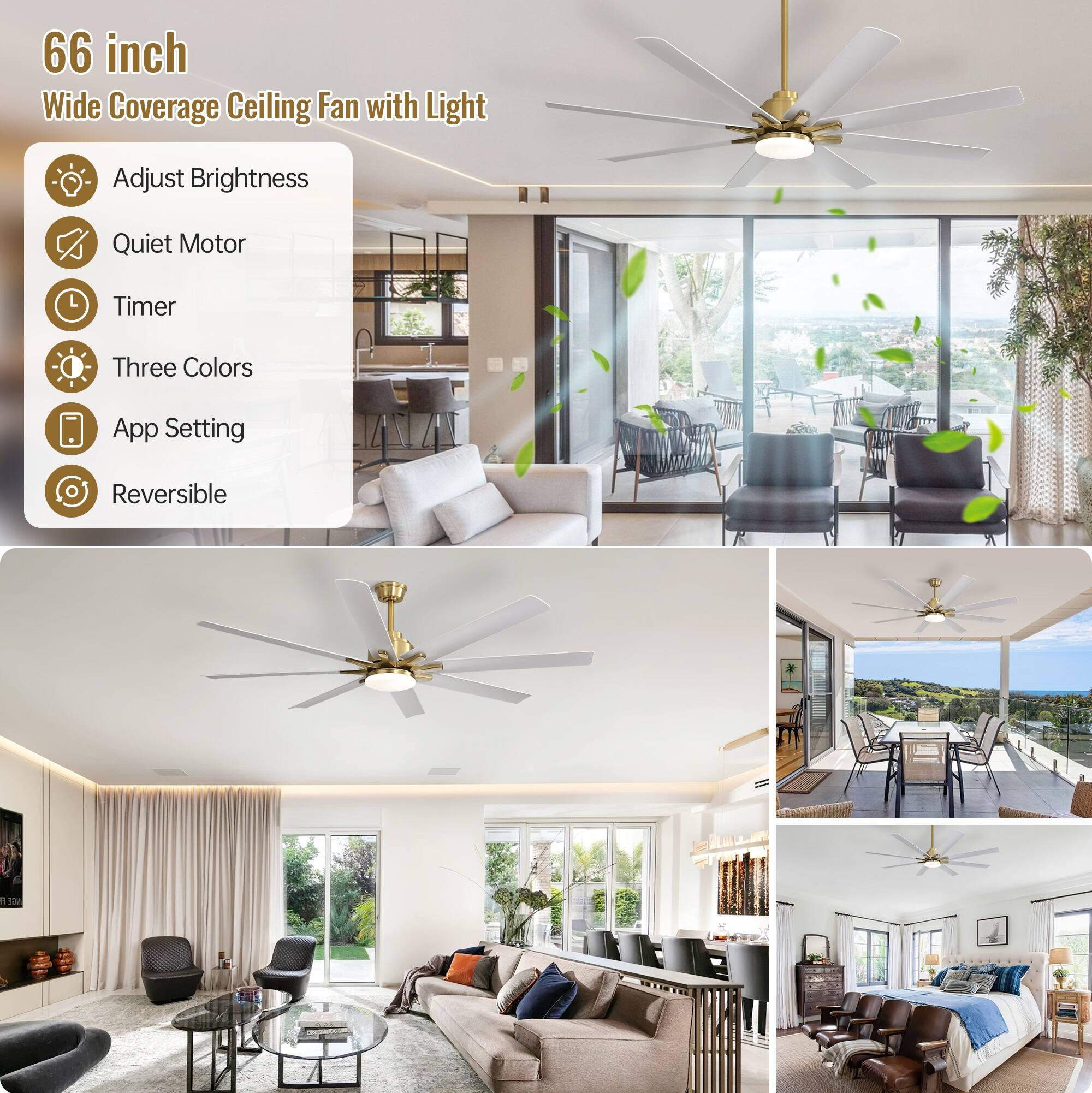 66 inch Wide Coverage Ceiling Fan with Light

- Adjust Brightness
- Quiet Motor
- Timer
- Three Colors
- App Setting
- Reversible