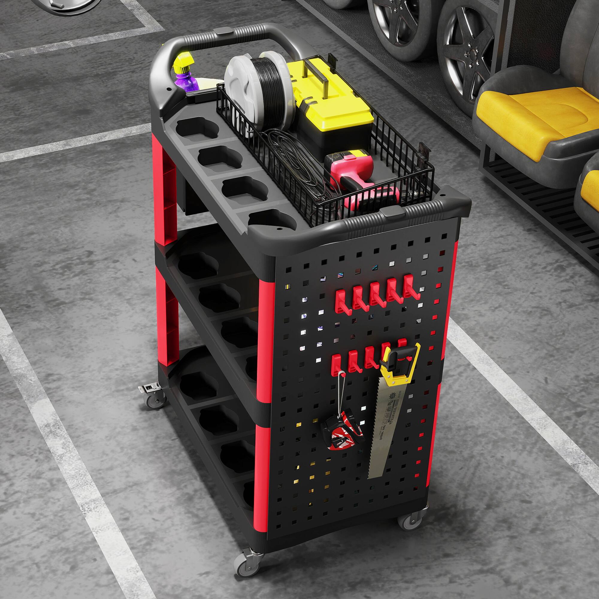 Alt View 8. Homcom - Rolling Tool Cart, 200 LBS Capacity Plastic Utility Cart with Side Shelf and Storage Bucket - Black and Red.