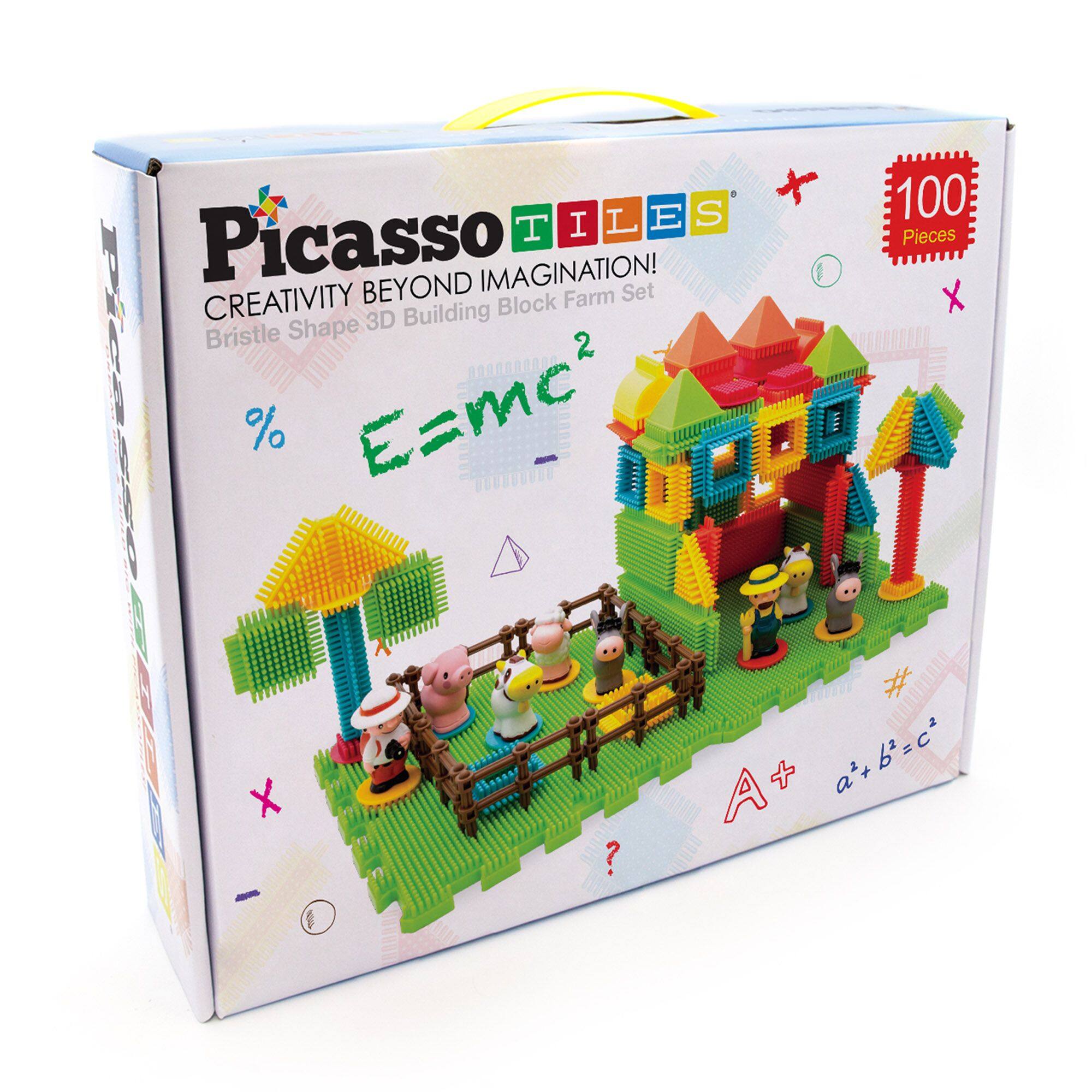 Picasso Tiles  
Creativity Beyond Imagination!  
Bristle Shape 3D Building Block Farm Set  
100 Pieces  
E=mc²  
a² + b² = c²  
A+