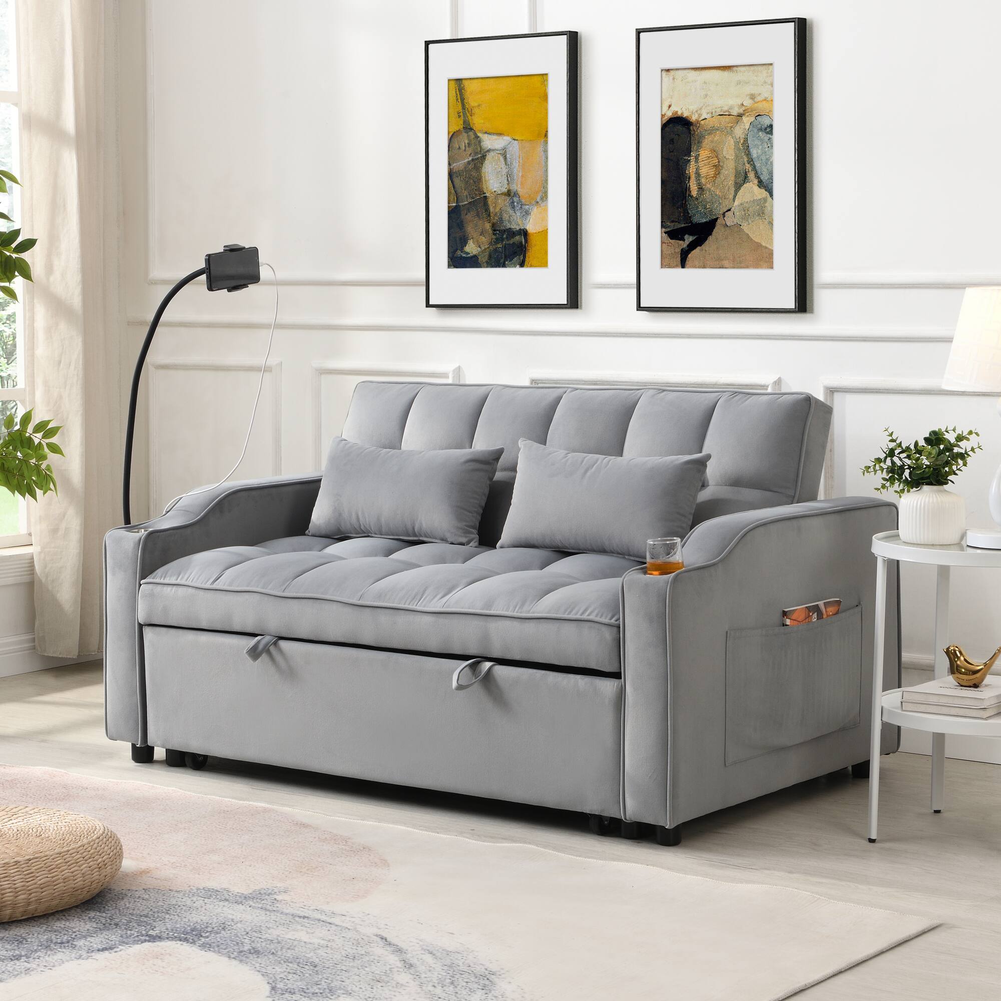 Angle. GOODSILO - Convertible Velvet Sofa Bed with Adjustable Backrest, USB Ports, and Storage Pockets for Compact Living Spaces - Light Gray.