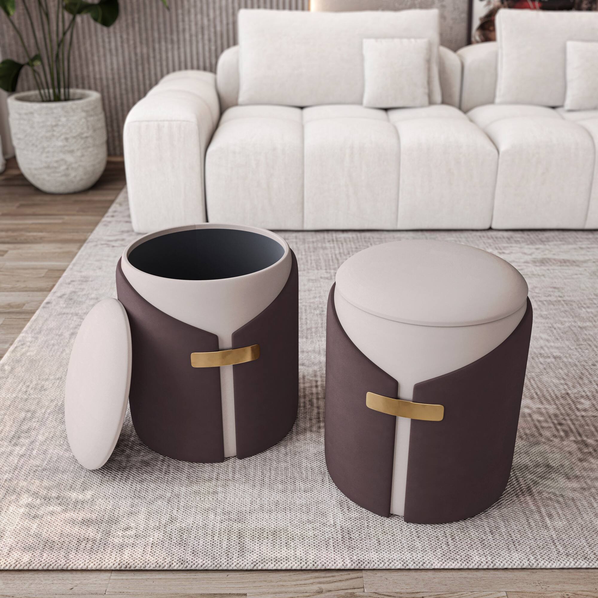 Front. GOODSILO - Elegant Two-Toned Storage Ottoman and Vanity Stool with Gold Accents - Brown.