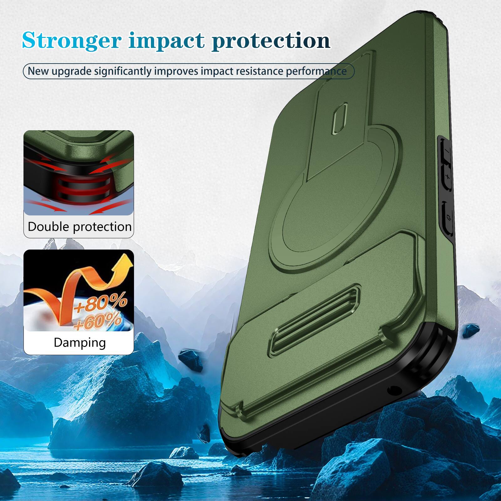 Stronger impact protection  
New upgrade significantly improves impact resistance performance  
Double protection  
+80% +60% Damping
