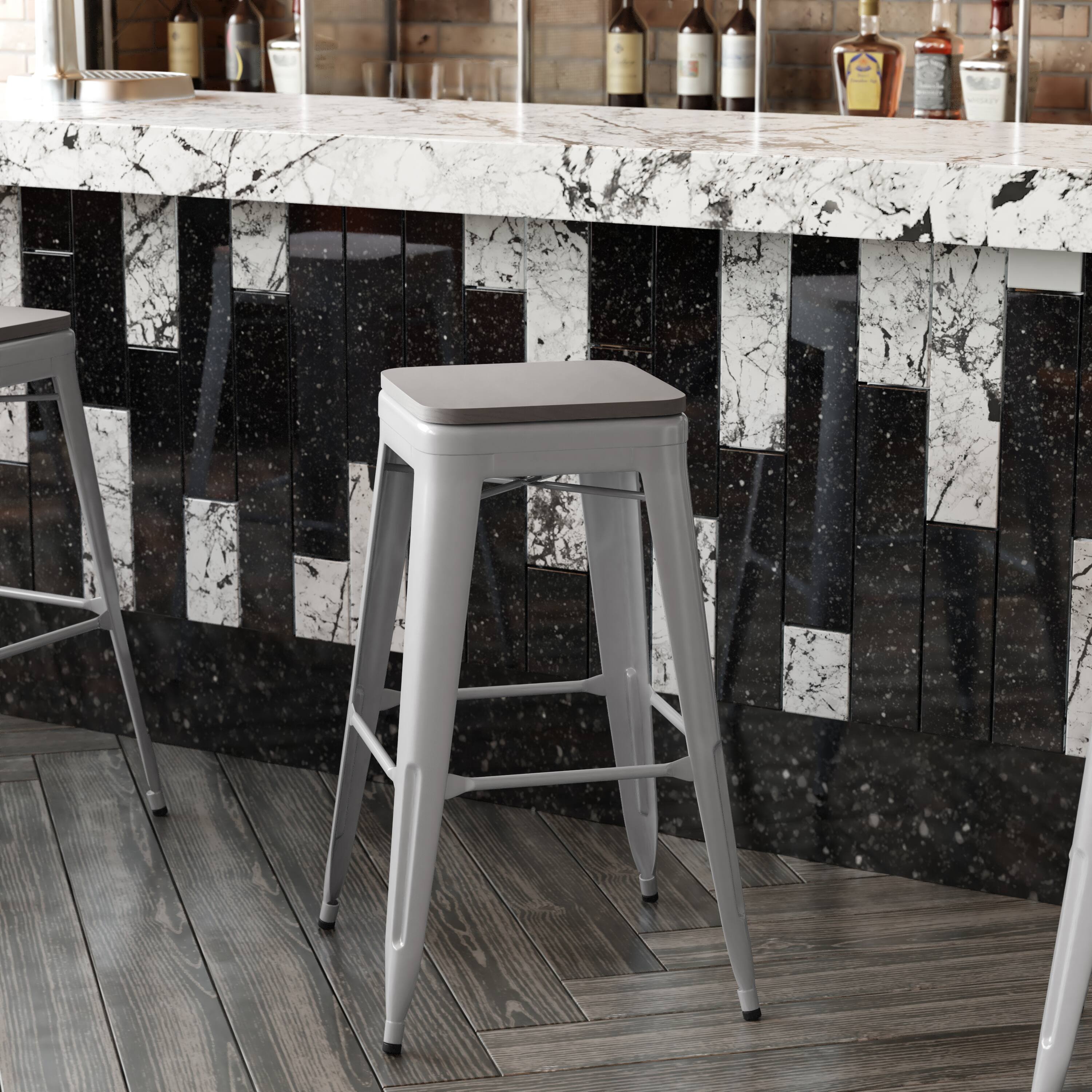 Alt View 4. Emma + Oliver - Kam Backless Metal Indoor-Outdoor Stool with All-Weather Polystyrene Seat - Gray Seat/Silver Frame.