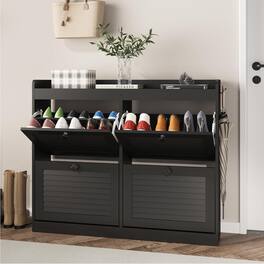 Acekool - Large Rattan Shoe Storage Cabinet with 4 Flip Drawers, Freestanding Narrow Shoe Rack with Wooden Legs - Black
