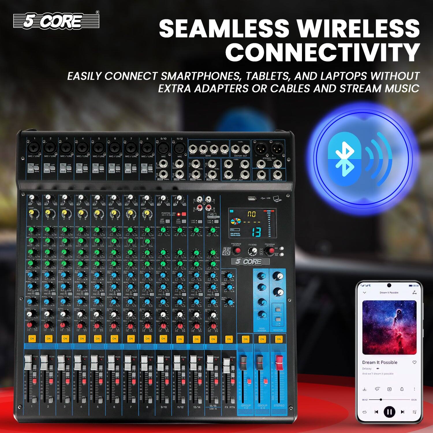 5 CORE

SEAMLESS WIRELESS CONNECTIVITY

EASILY CONNECT SMARTPHONES, TABLETS, AND LAPTOPS WITHOUT EXTRA ADAPTERS OR CABLES AND STREAM MUSIC

Dream it Possible

Dream it Possible
Decency
And it's even possible