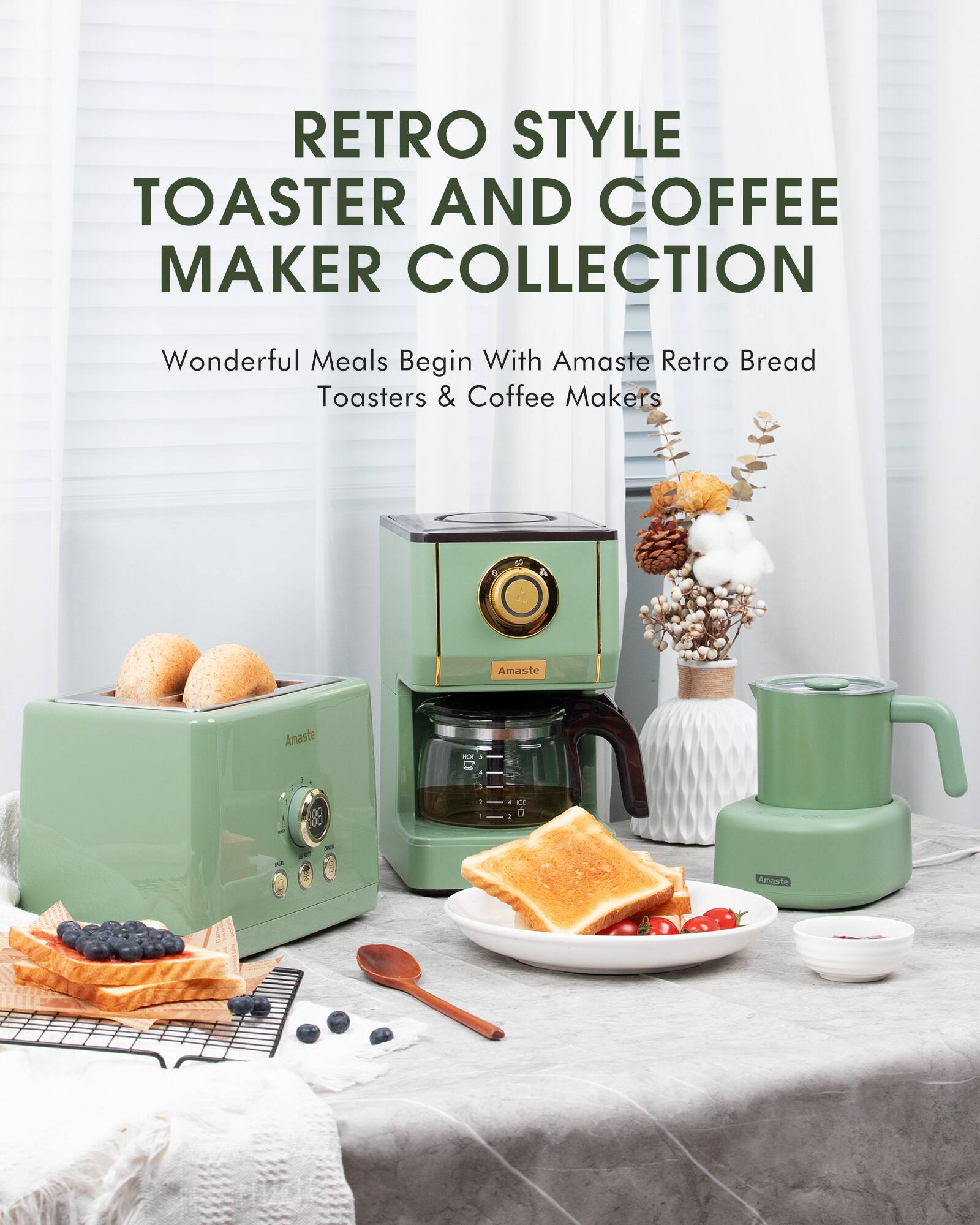 RETRO STYLE TOASTER AND COFFEE MAKER COLLECTION

Wonderful Meals Begin With Amaste Retro Bread Toasters & Coffee Makers