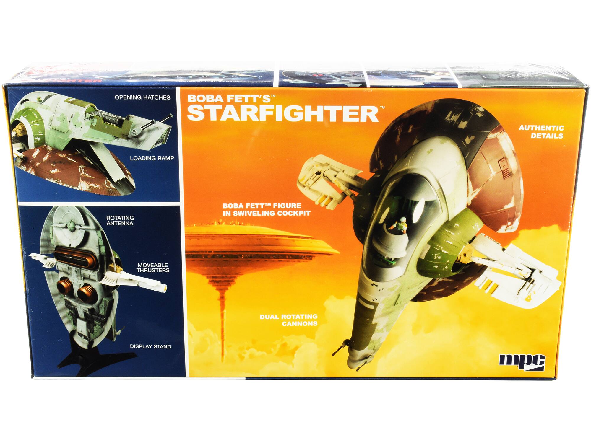 OPENING HATCHES  
BOBA FETT'S STARFIGHTER  
L.M. AUTHENTIC DETAILS  
LOADING RAMP  
ROTATING ANTENNA  
BOBA FETT FIGURE IN SWIVELING COCKPIT  
MOVEABLE THRUSTERS  
DUAL ROTATING CANNONS  
DISPLAY STAND  
mpc