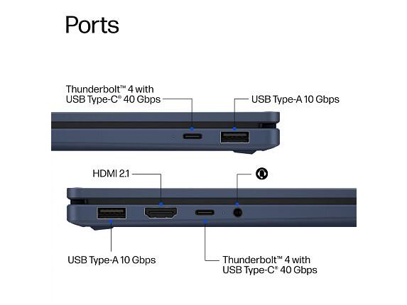 Ports

- Thunderbolt™ 4 with USB Type-C® 40 Gbps
- USB Type-A 10 Gbps
- HDMI 2.1
- USB Type-A 10 Gbps
- Thunderbolt™ 4 with USB Type-C® 40 Gbps