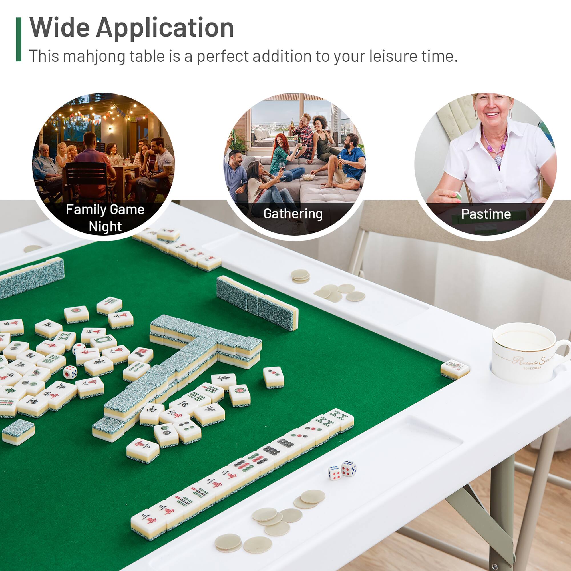Wide Application  
This mahjong table is a perfect addition to your leisure time.  

- Family Game Night  
- Gathering  
- Pastime