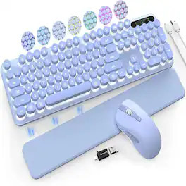 RTMB - Wireless Keyboard and Mouse Backlit - Typewriter Keyboard with Retro Round Keycaps, Detachable Wrist Rest - Purple