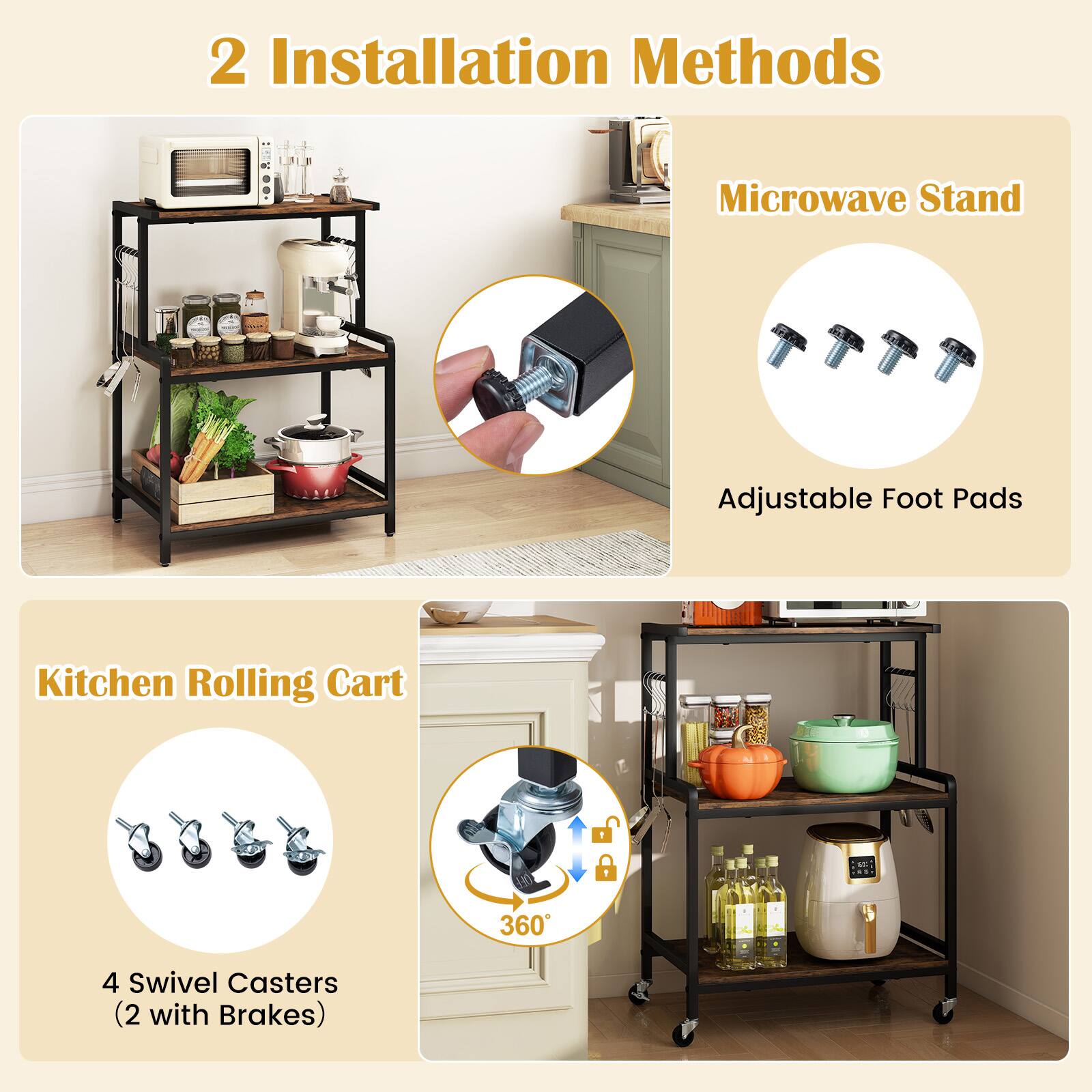 2 Installation Methods Microwave Stand Adjustable Foot Pads Kitchen Rolling Cart + 1 M - 360 4 Swivel Casters (2 with Brakes)