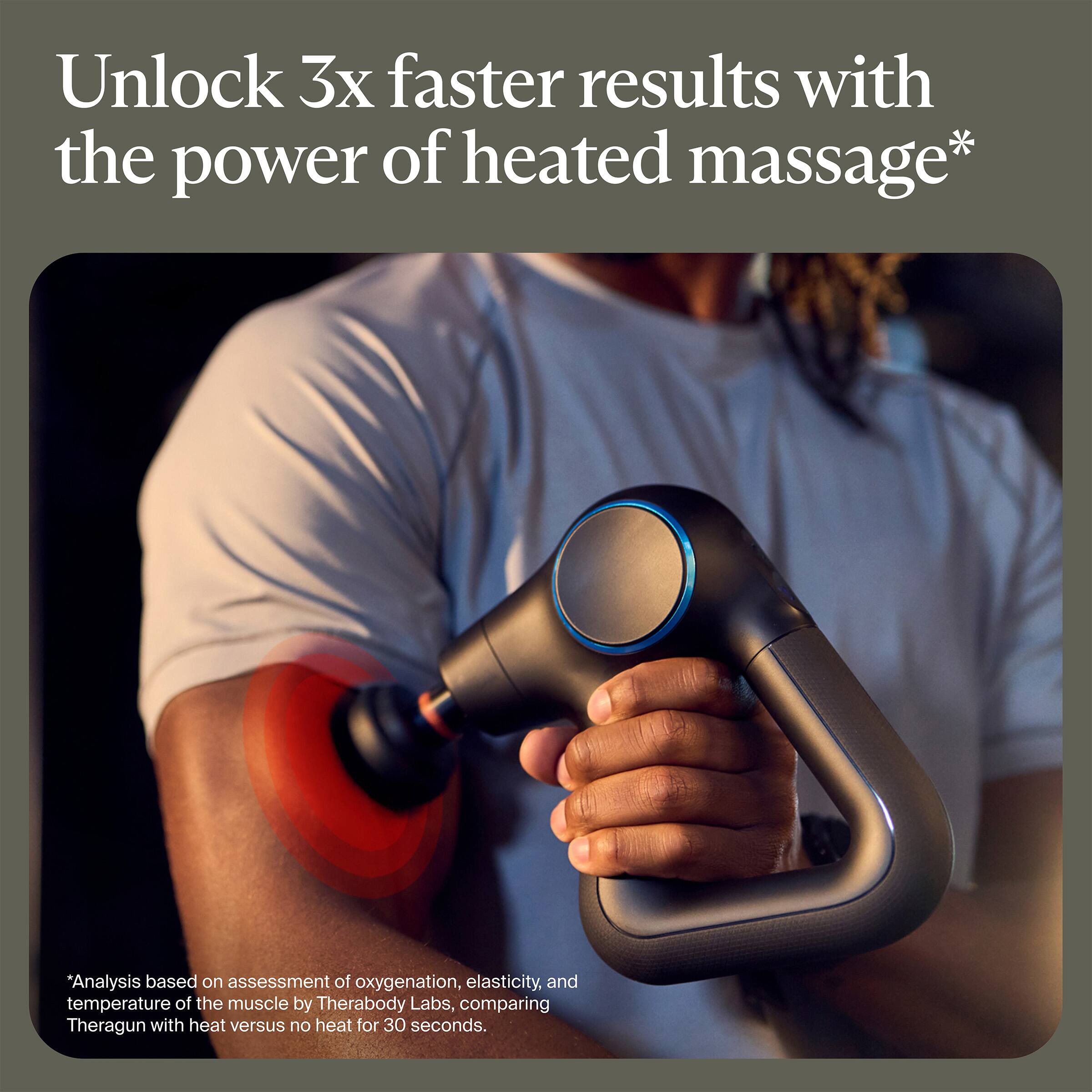 Unlock 3x faster results with the power of heated massage*

*Analysis based on assessment of oxygenation, elasticity, and temperature of the muscle by Therabody Labs, comparing Theragun with heat versus no heat for 30 seconds.
