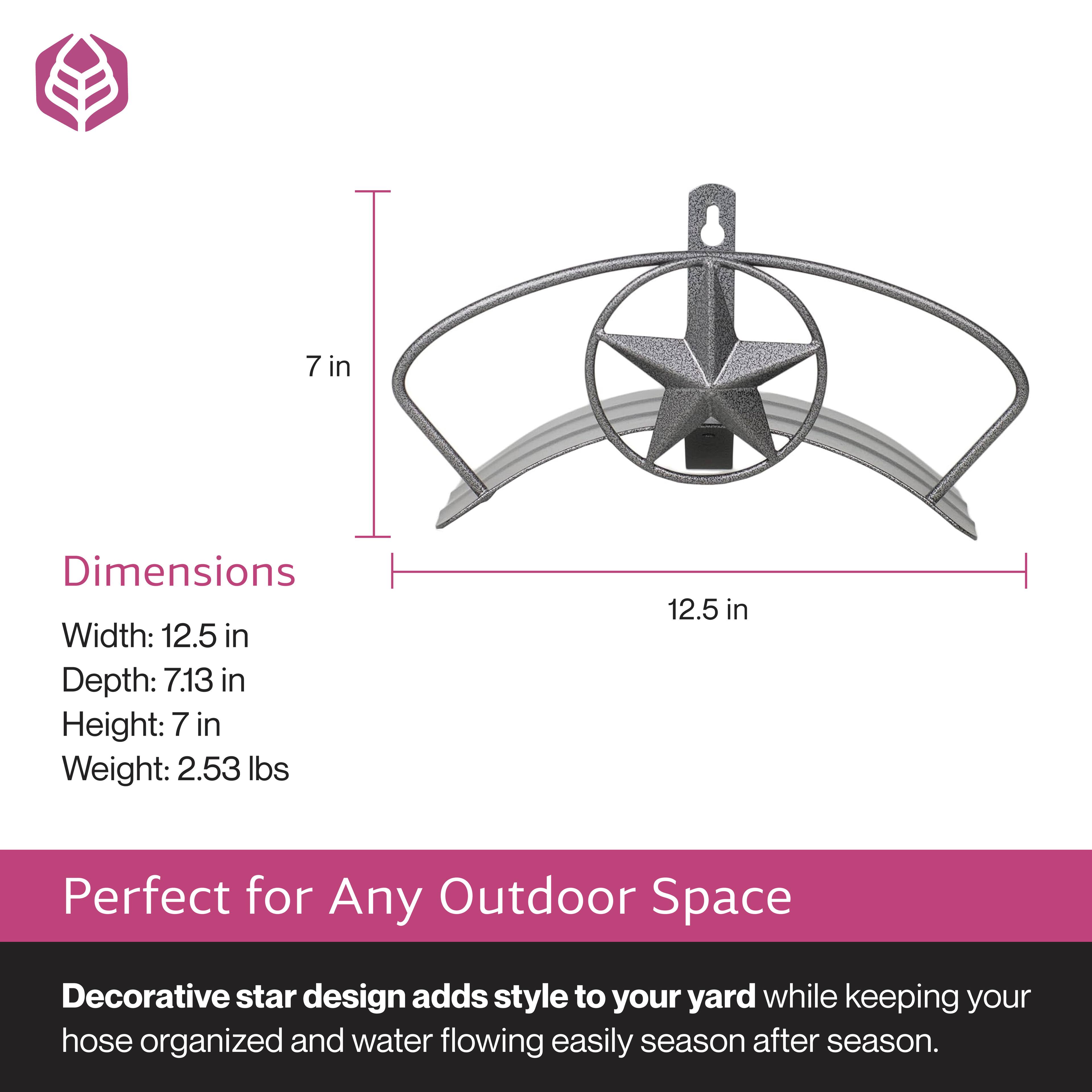 Dimensions  
Width: 12.5 in  
Depth: 7.13 in  
Height: 7 in  
Weight: 2.53 lbs  

Perfect for Any Outdoor Space  
Decorative star design adds style to your yard while keeping your hose organized and water flowing easily season after season.