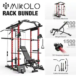 Mikolo - Power Rack Cage, 1500 lbs Weight Rack with Cable Crossover Machine, Multi-Function Squat Rack - Red