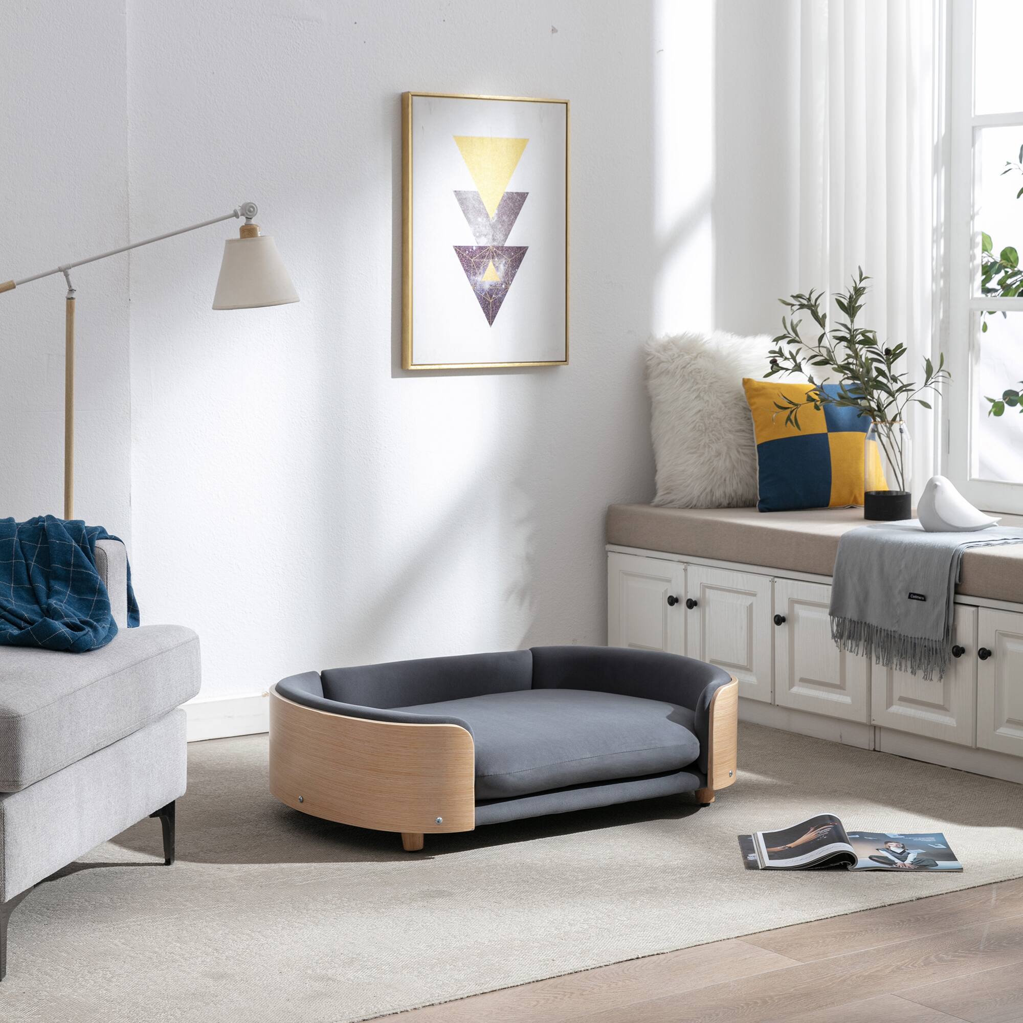 Alt View 6. APRILSOUL - Scandinavian style Elevated Dog Bed Pet Sofa With Solid Wood legs and Bent Wood Back Velvet Cushion Large Size - DARK GREY.