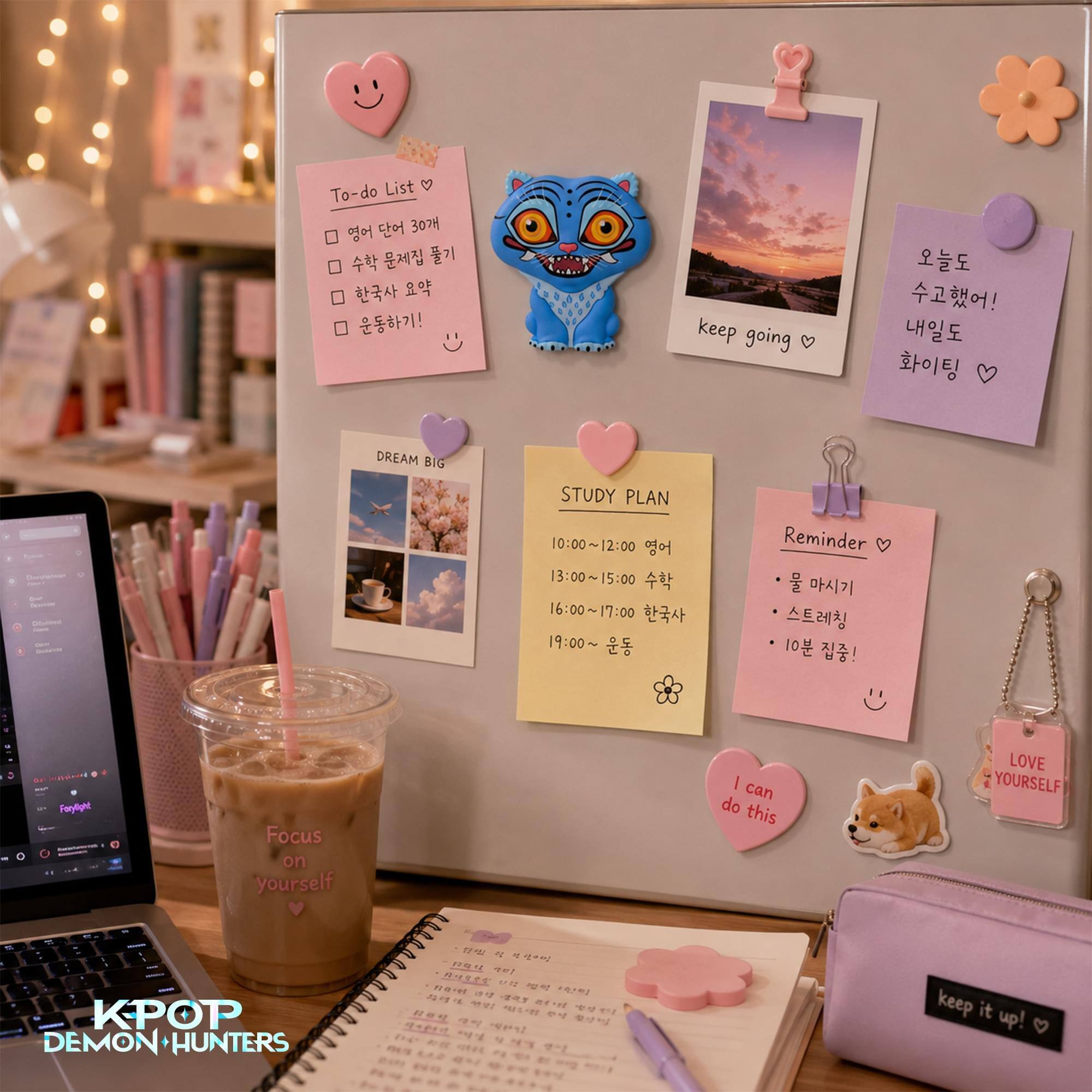 To-do List  
- 영어 단어 30개  
- 수학 문제집 풀기  
- 한국사 요약  
- 운동하기!  

DREAM BIG  
STUDY PLAN  
10:00~12:00 영어  
13:00~15:00 수학  
16:00~17:00 한국사  
19:00~ 운동  

Reminder  
- 물 마시기  
- 스트레칭  
- 10분 집중!  

Focus on yourself  
I can do this  
LOVE YOURSELF  
keep it up!  

keep going  
오늘도 수고했어! 내일도 화이팅