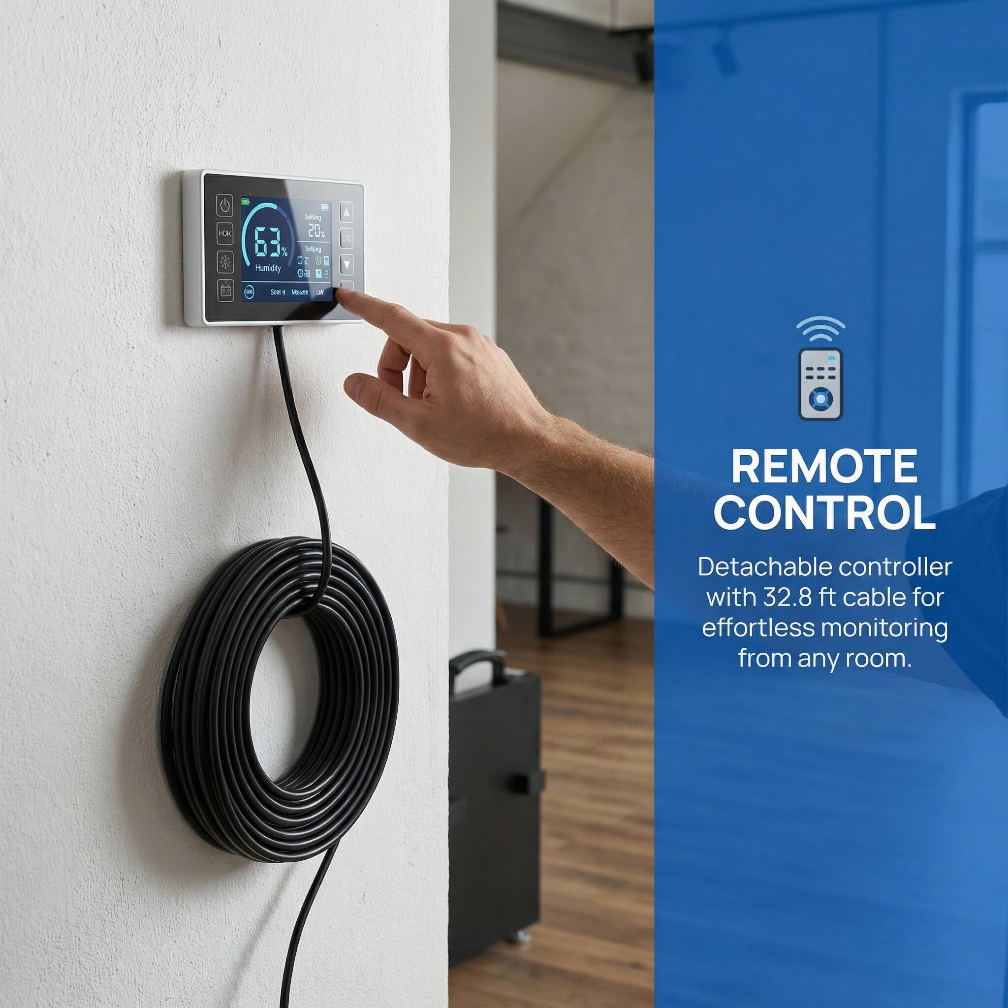 T & 63  
Humidity Salong 2 N 22 8 D C3 07 - 1 : - REMOTE CONTROL  
Detachable controller with 32.8 ft cable for effortless monitoring from any room.