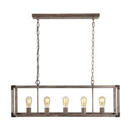 Jonathan Y - Magnolia 36" 5-Light Linear Adjustable Iron Rustic Farmhouse LED Pendant - Brown