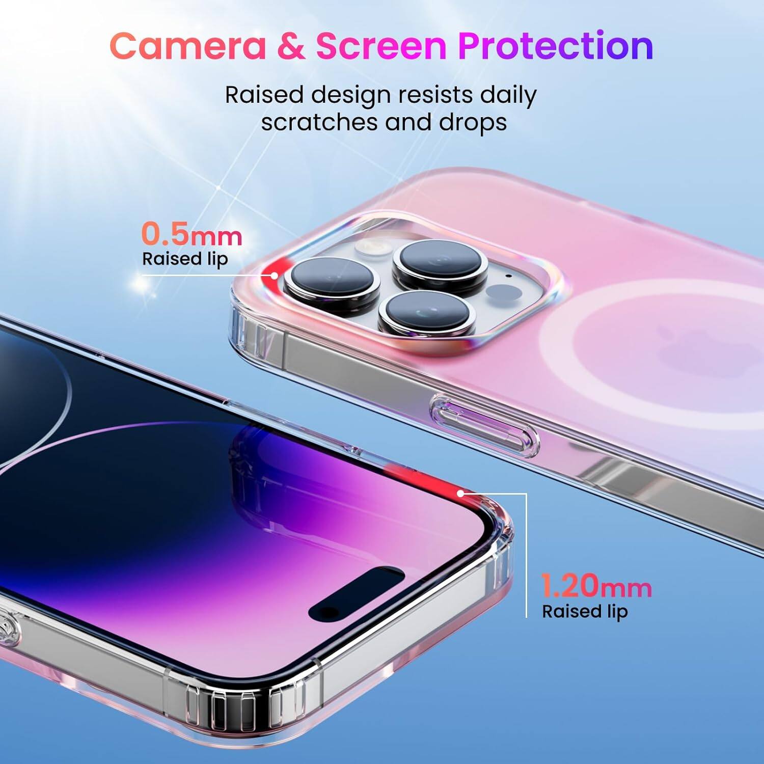 Camera & Screen Protection
Raised design resists daily scratches and drops
0.5mm Raised lip
1.20mm Raised lip