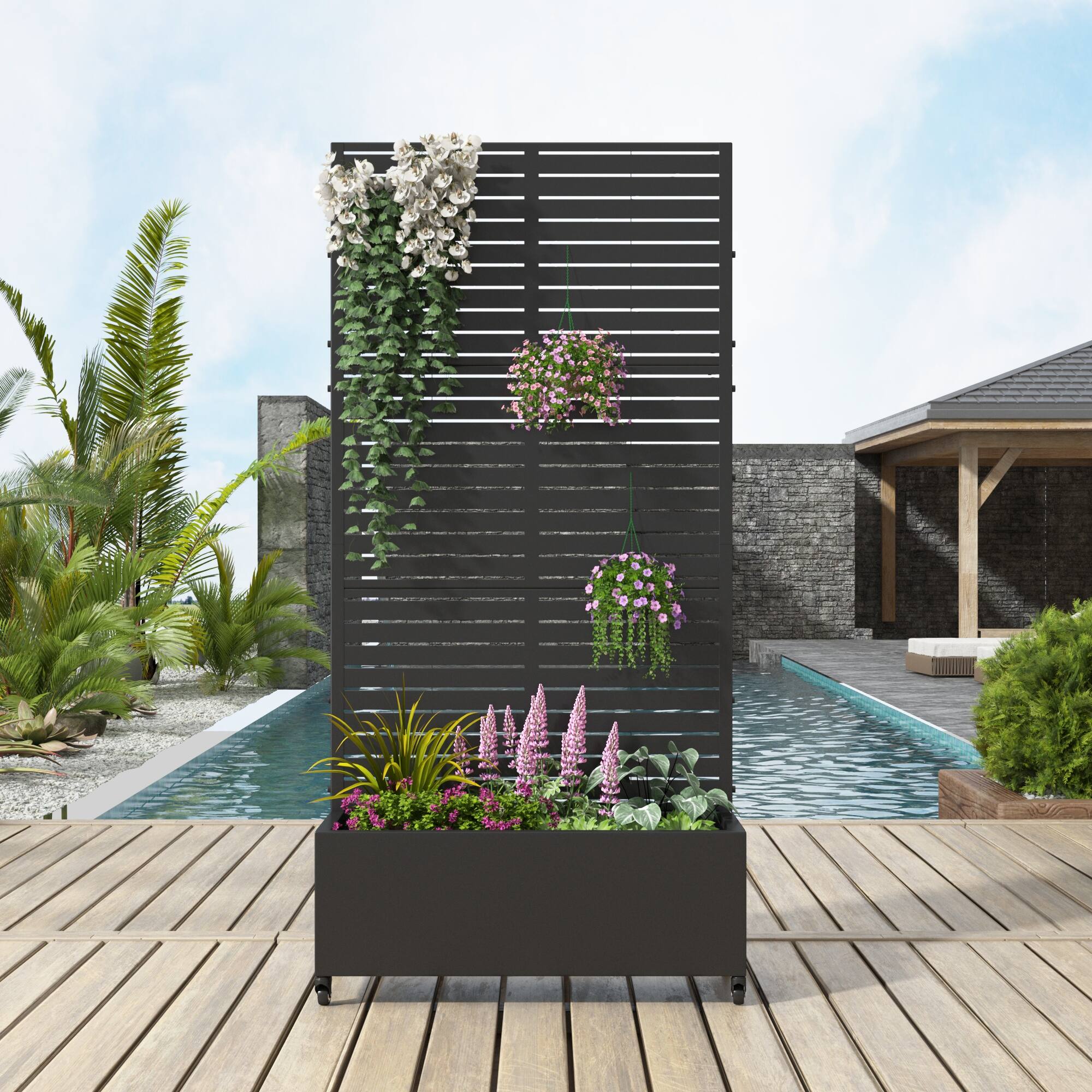 PexFix - 72 in. H x 35 in. W Louvered Pattern Rectangle Metal Planter Box Raised Garden Beds with Trellis-Ideal for Balcony - Black