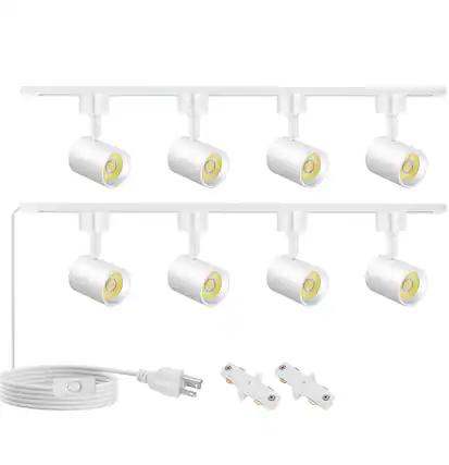Front. Dazzed Corner - 8 Light Plug-in Track Lighting Kit with Remote, H-Type Track Rails, Dimmable Ceiling Spotlights - White.