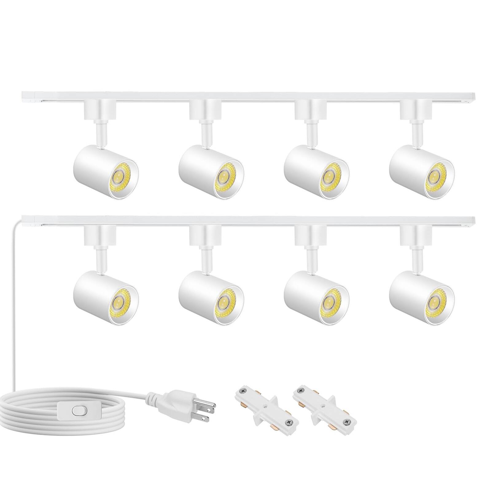 Front. Dazzed Corner - 8 Light Plug-in Track Lighting Kit with Remote, H-Type Track Rails, Dimmable Ceiling Spotlights - White.