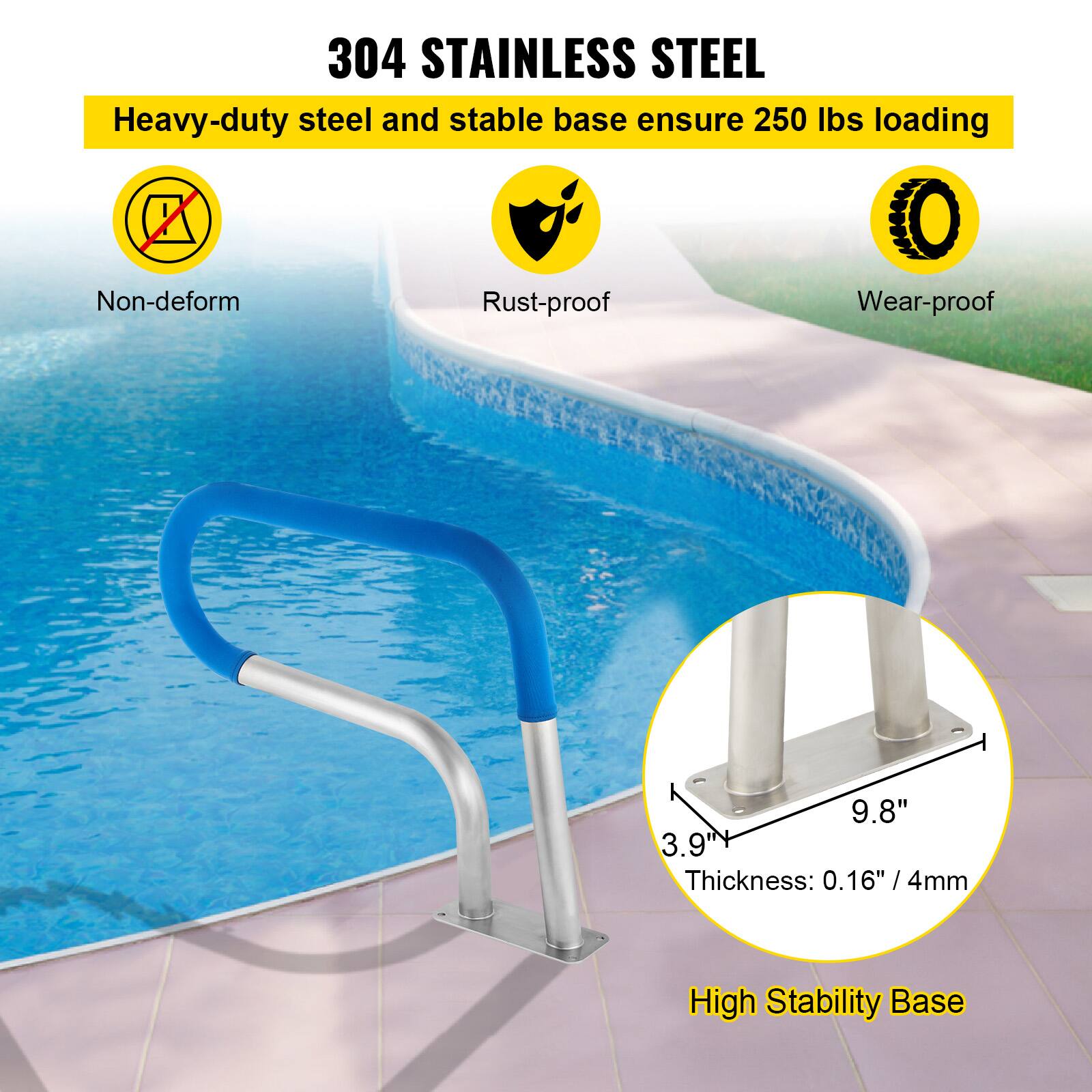 304 STAINLESS STEEL  
Heavy-duty steel and stable base ensure 250 lbs loading  

- Non-deform  
- Rust-proof  
- Wear-proof  

9.8"  
3.9"  
Thickness: 0.16" / 4mm  

High Stability Base