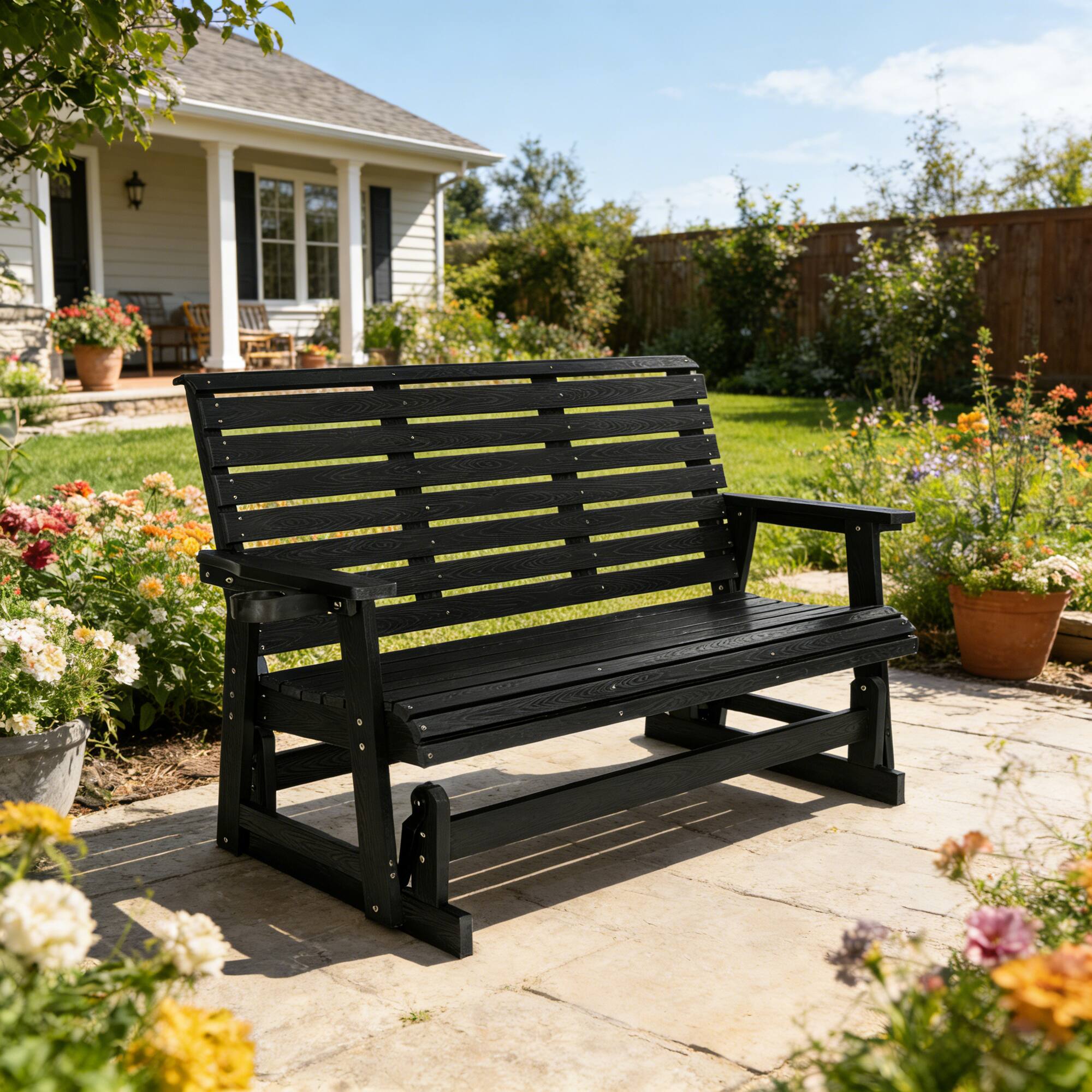 Angle. Fortune Candy - HIPS Patio Glider Bench w/Cup Holders, All-Weather Poly Lumber, High Back & Deep Contoured Seat, for Porch Yard Garden - Black.