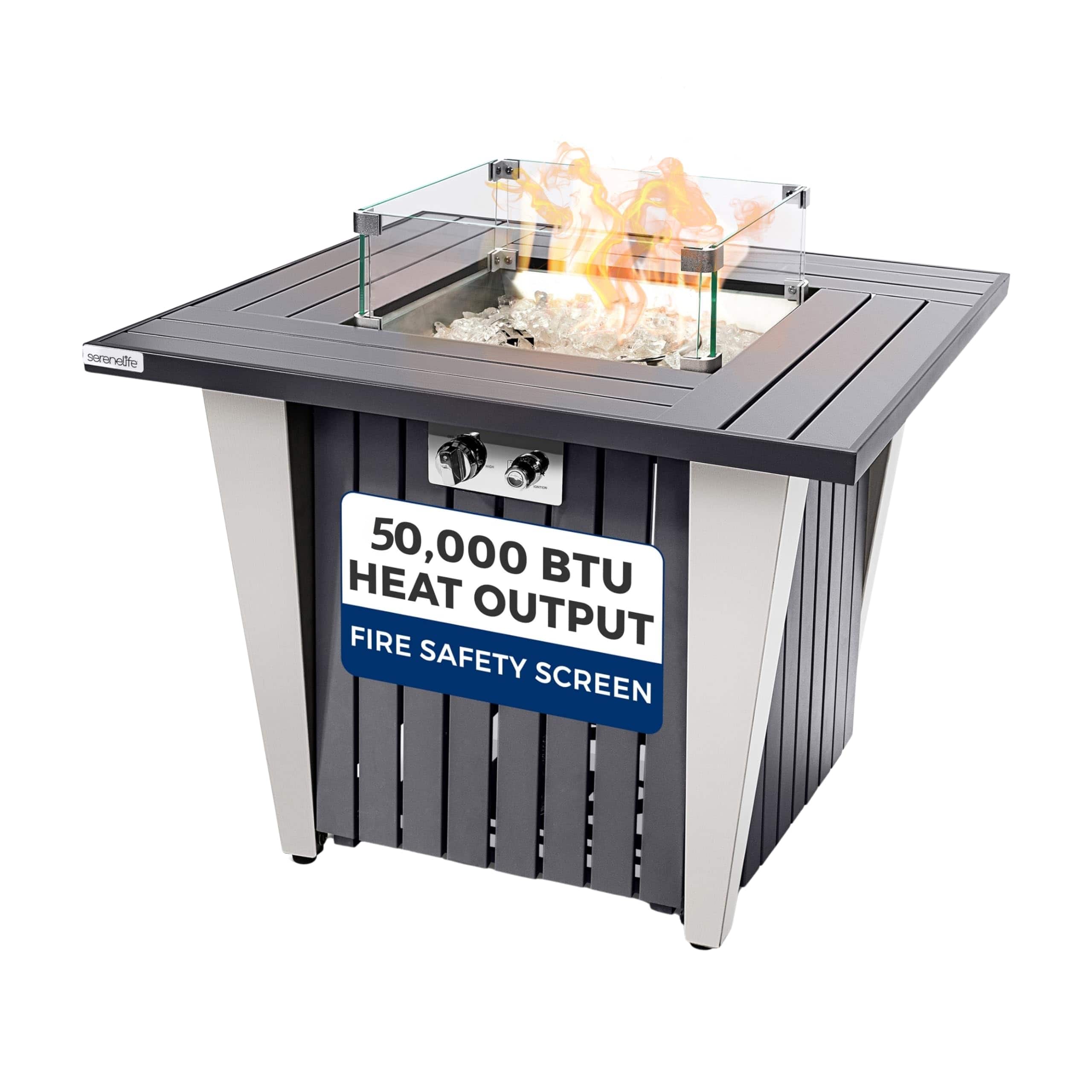 SereneLife - Propane Fire Pit Table, 50,000 BTU, Stainless Steel Pan, Includes Glass Rocks & Weather Cover - SLNFRE27 - Black