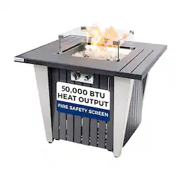 SereneLife - Propane Fire Pit Table, 50,000 BTU, Stainless Steel Pan, Includes Glass Rocks & Weather Cover - SLNFRE27 - Black