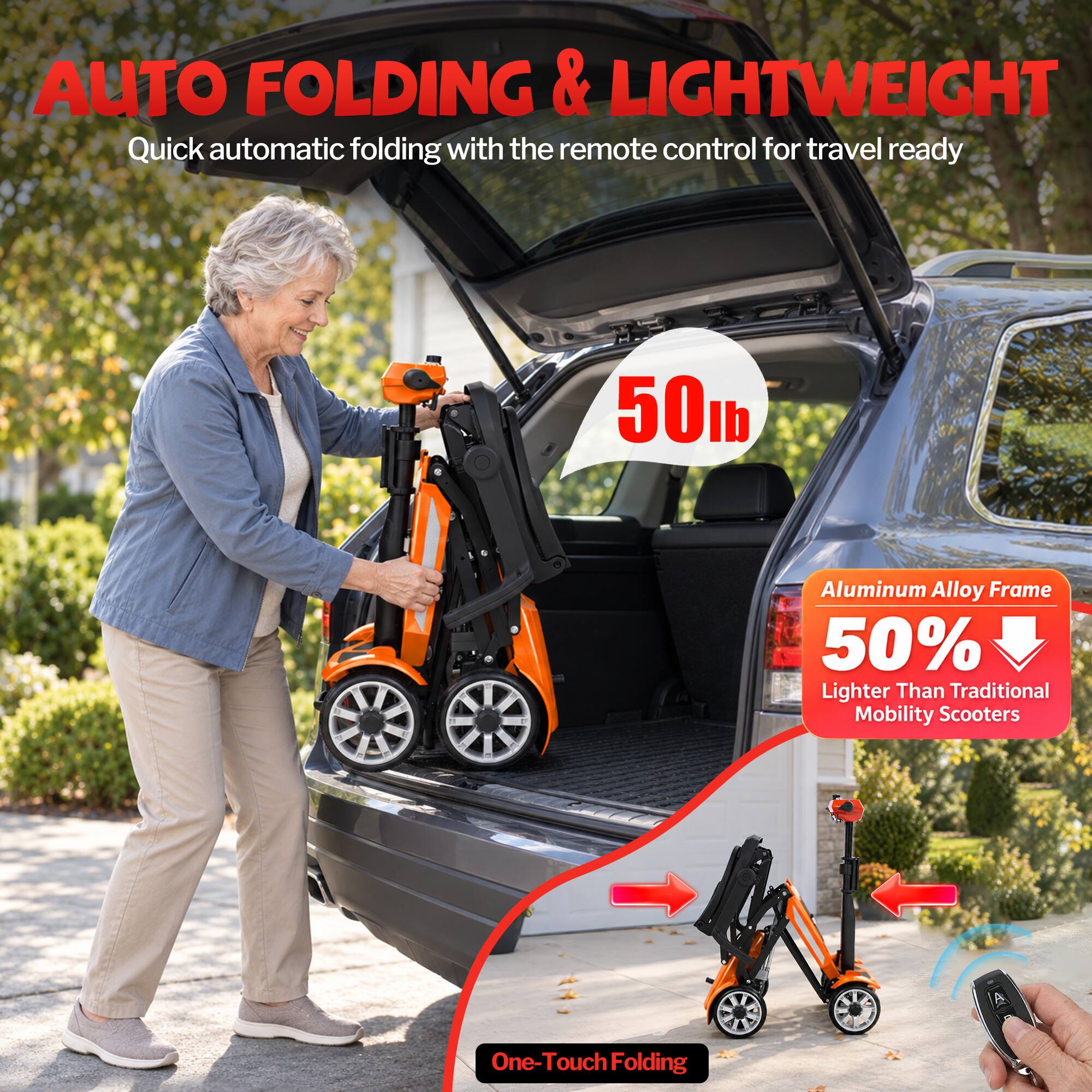 AUTO FOLDING & LIGHTWEIGHT  
Quick automatic folding with the remote control for travel ready

50lb

Aluminum Alloy Frame  
50% Lighter Than Traditional Mobility Scooters

One-Touch Folding