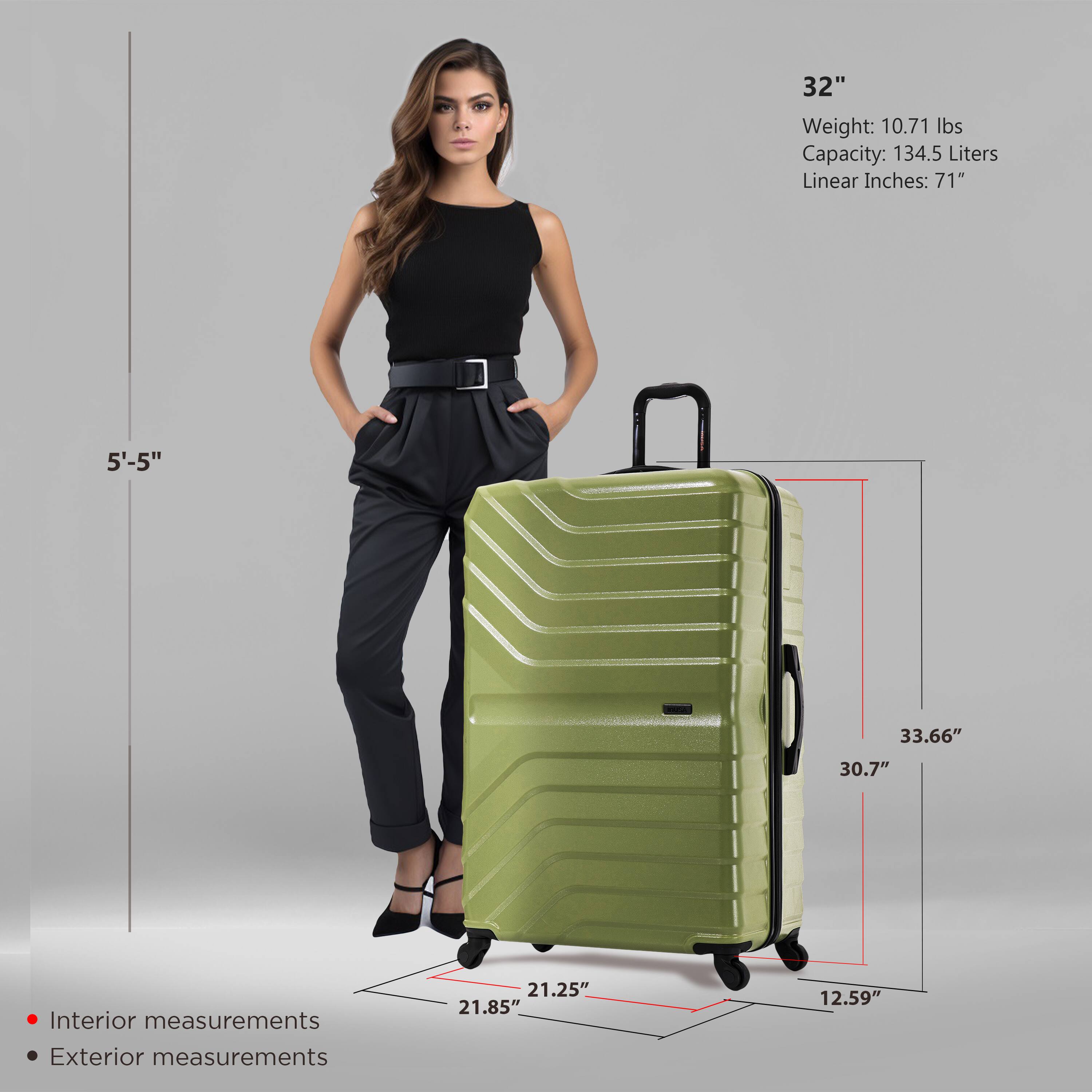 - **Size:** 32"
- **Weight:** 10.71 lbs
- **Capacity:** 134.5 Liters
- **Linear Inches:** 71"

**Interior Measurements:**
- 21.25"
- 21.85"
- 12.59"

**Exterior Measurements:**
- 33.66"
- 30.7"

**Height Reference:**
- 5'-5"