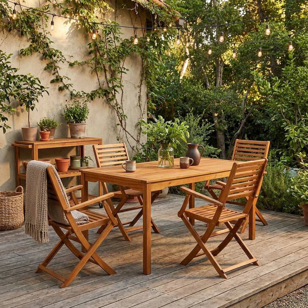 Alt View 3. Outdoor Escape - Oil-Finish Wooden Patio Set with Dining Table and 4 Chairs - Brown.