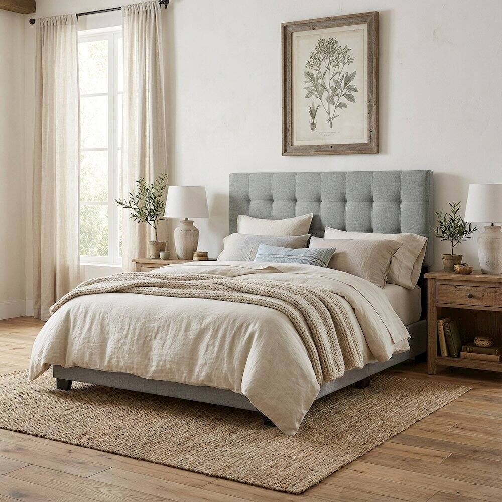 Angle. FurniFact - Upholstered Fabric Queen Headboard with Padded Design for Bedroom Comfort - Gray.