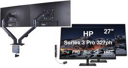 HP - Series 3 Pro 327ph 27" FHD IPS Monitor, Anti-Glare, HDMI (B0CG8UT#ABA) 2 Pack w/DKZ Hub & Ergoflexy Dual Mount Arm - Black