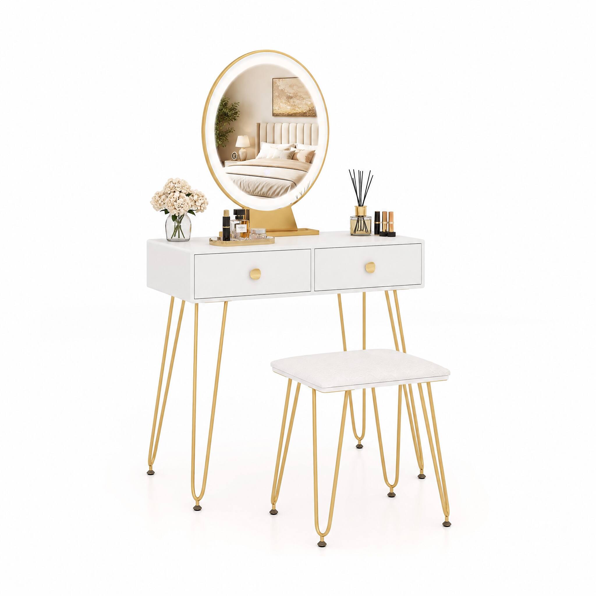 Alt View 5. WELLFOR - Makeup Vanity Desk with Detachable 3‑Color Lighted Mirror, Acrylic Cosmetic Organizer and Cushioned Stool for Bedroom - White.